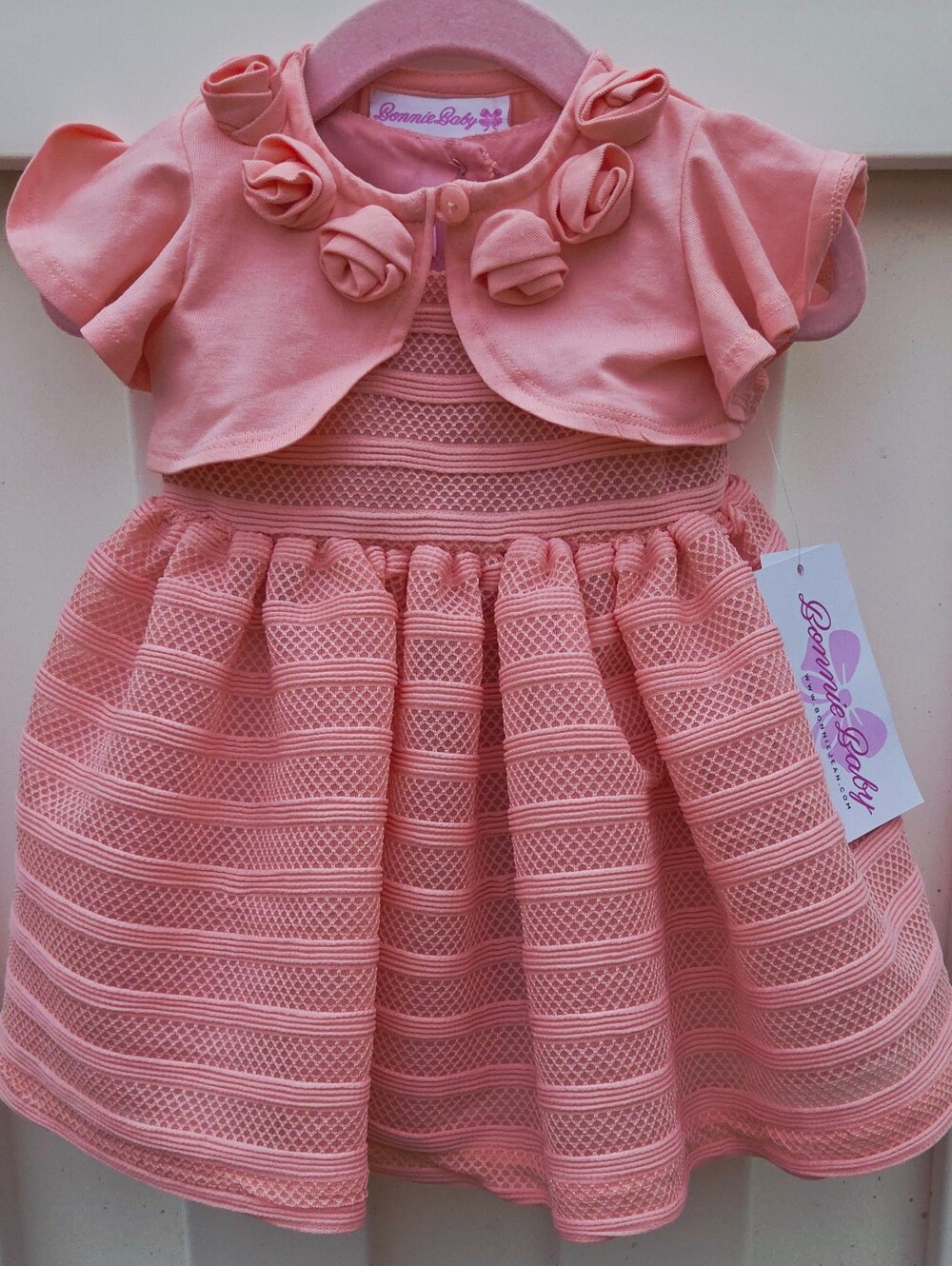 Bonnie Baby Pink Party Dress with Rosette Bolero And Diaper Cover. 3-6months NWT